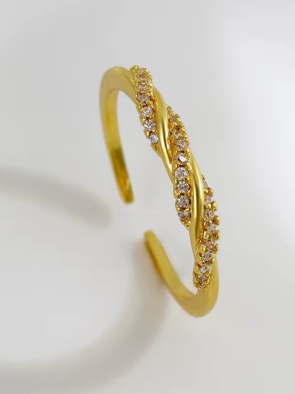 TRENDY Gold-Plated Open-Cuff Ring | Twisted Pavé Rope Design & Cubic Zirconia
